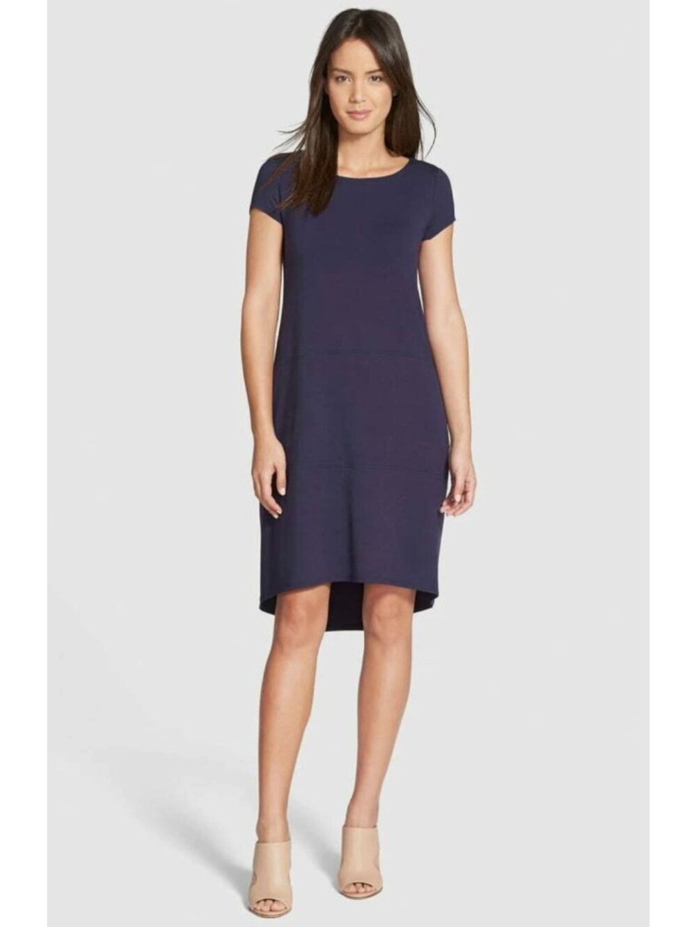 Eileen Fisher Navy Blue Bateau Neck Cap Sleeve Hi-Lo Shift Dress Pockets Size M